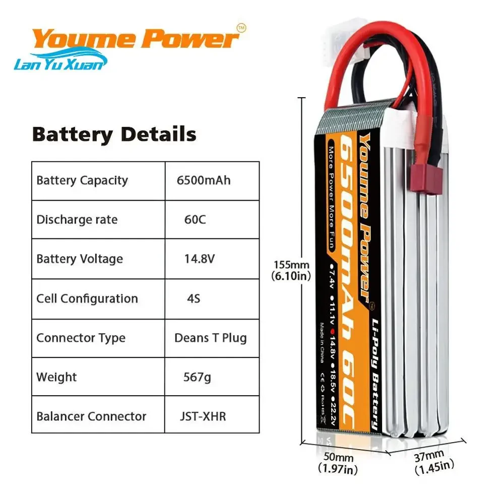4S Lipo 14.8V 6500mah RC Battery T Deans EC5 XT60 XT90 60C for T-REX 500 Helicopter FPV Airplane  Car Truck Monster Boat