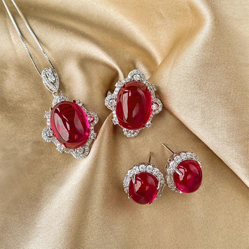 EYIKA Vintage Silver Color Simulated Ruby Green Chalcedony Fine Jewelry Set Zircon Flower Necklace Earrings Ring Sets for Women