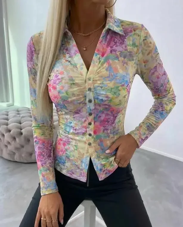 Women's Fashion Watercolor Floral Print Turn-Down Collar V-Neck Button Front Shirt Female Slim Long Sleeve Ruched Sheer Mesh Top