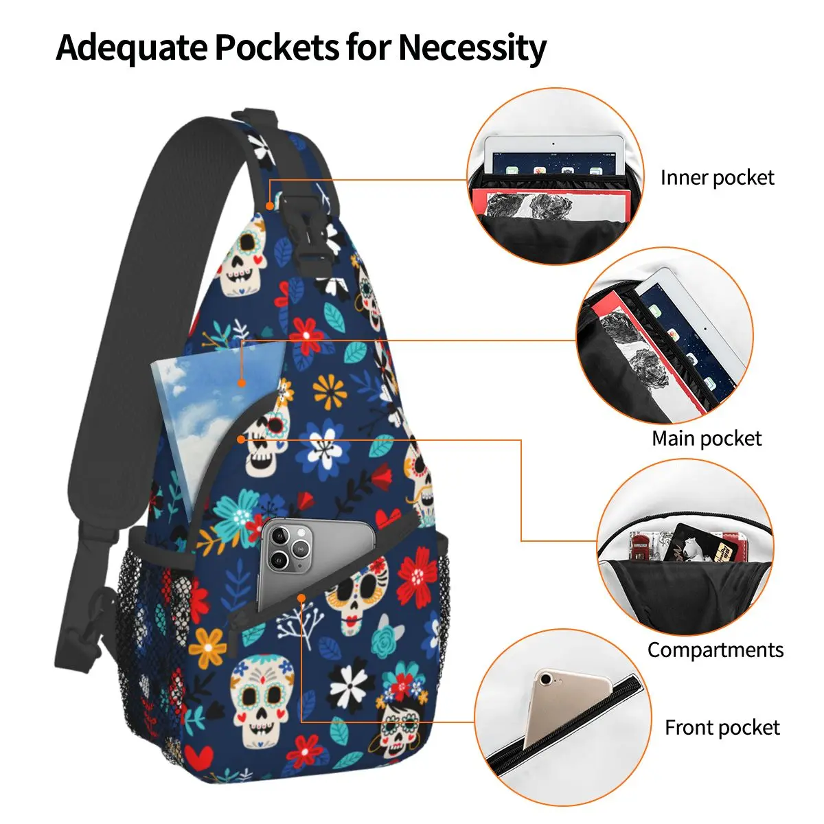 Day Of The Dead Sugar Skulls Small Sling Bags Chest Crossbody Shoulder Backpack Outdoor Sports Daypacks Mexican Festival Bag