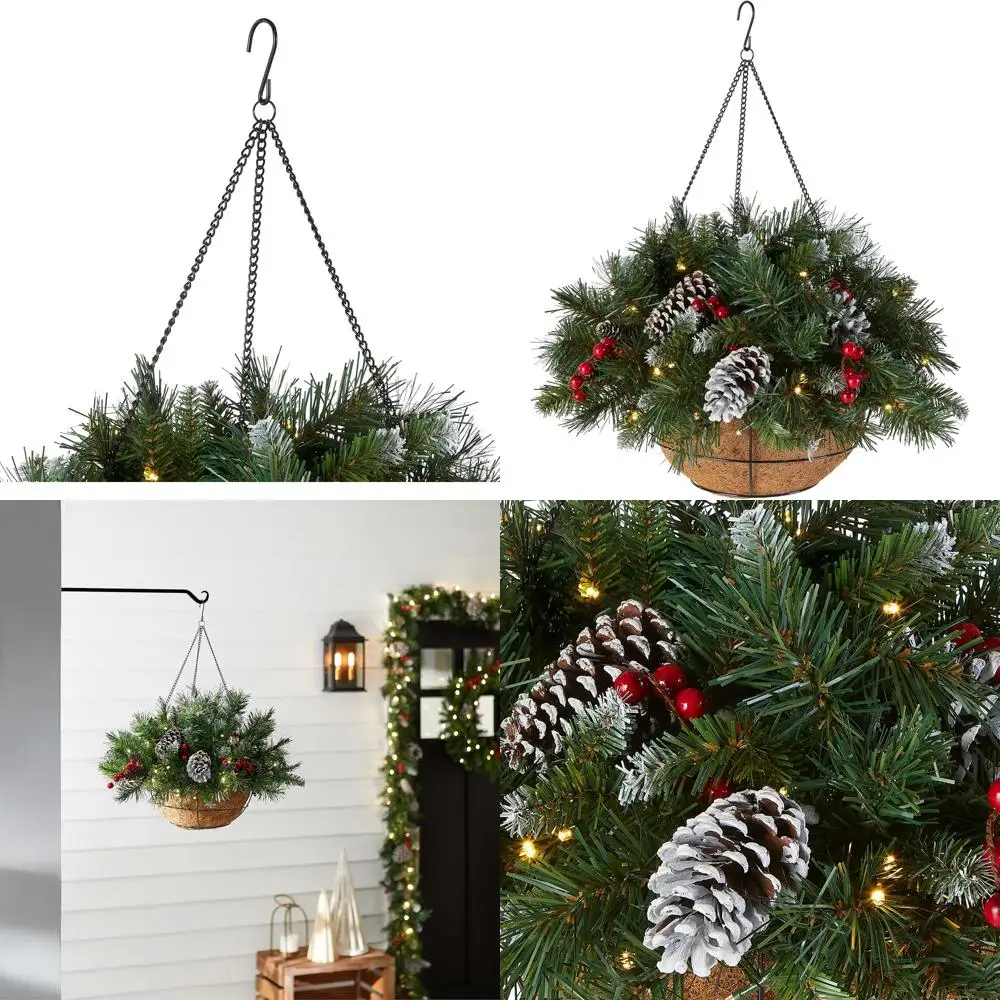 

Искусственная подвесная корзина с подсветкой, украшенная жёлтыми сосновыми шишками, кистями ягод, белыми светодиодными лампочками, коллекция «Рождество», 20 см