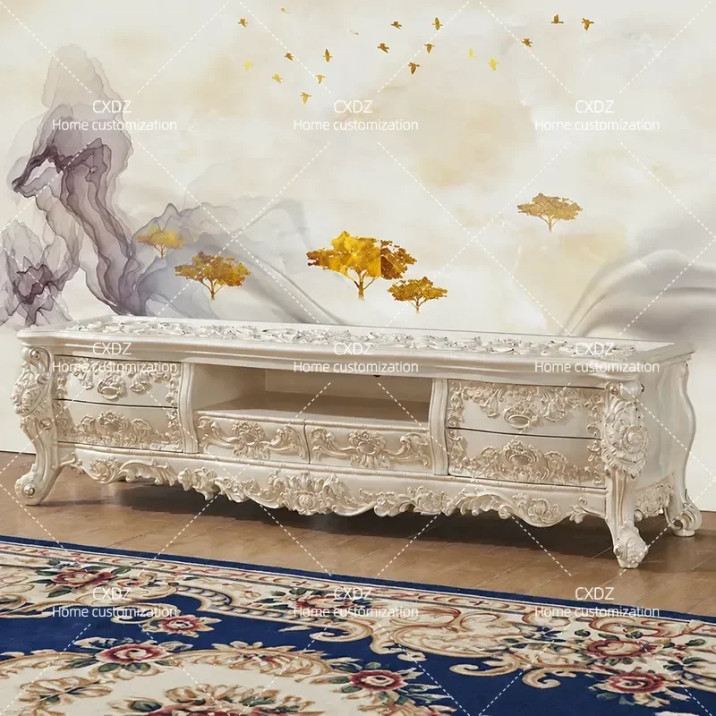 Ivory White Gold TV Cabinet Full Solid Wood Carved Flower Design High End Villa Living Room Storage Console Large Apartment