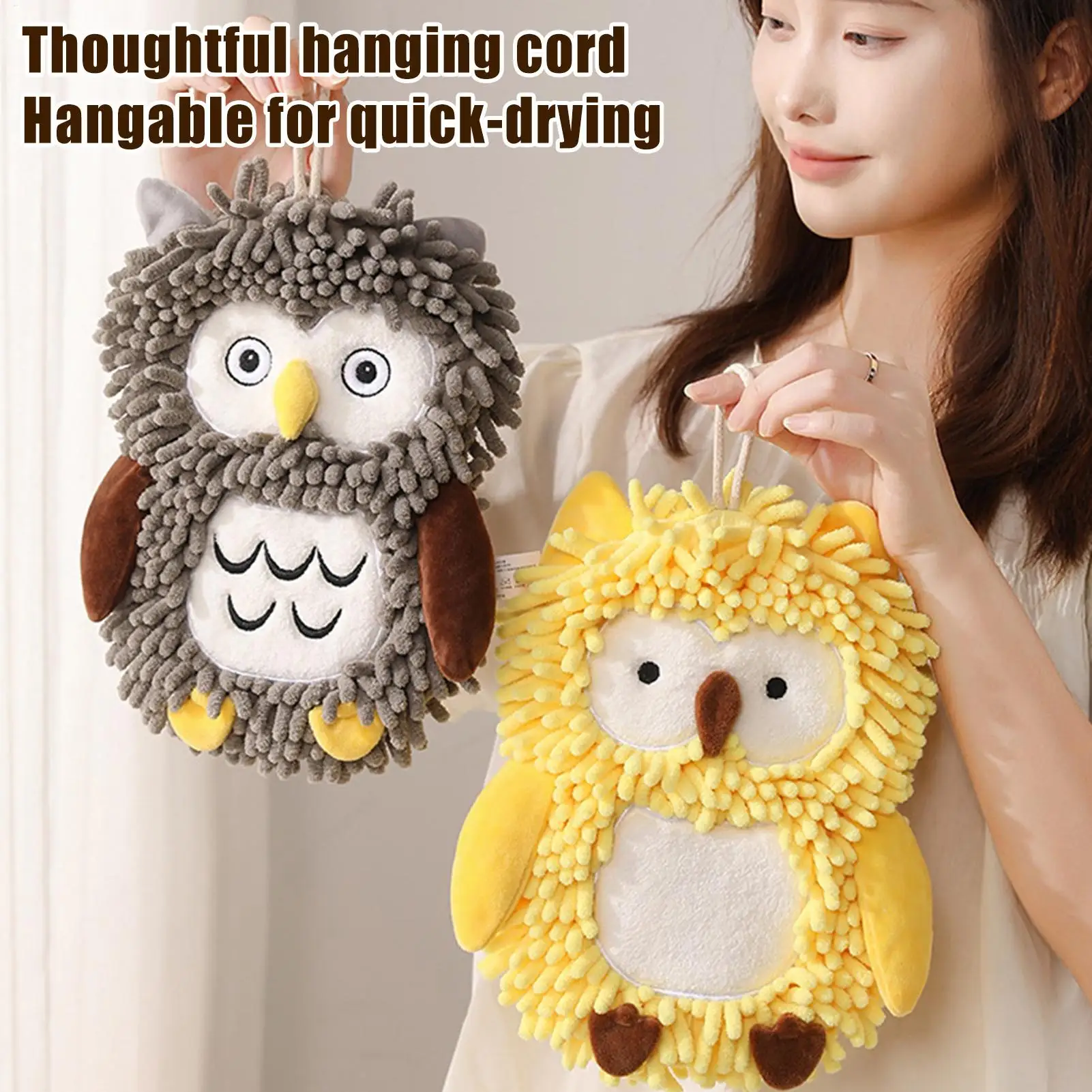 Puff Ball Hand Towel Owl Design Absorbent Rag Hangable Chenille Quick Dry Hand Towels for Bathroom for Hotel Home Kids Adults