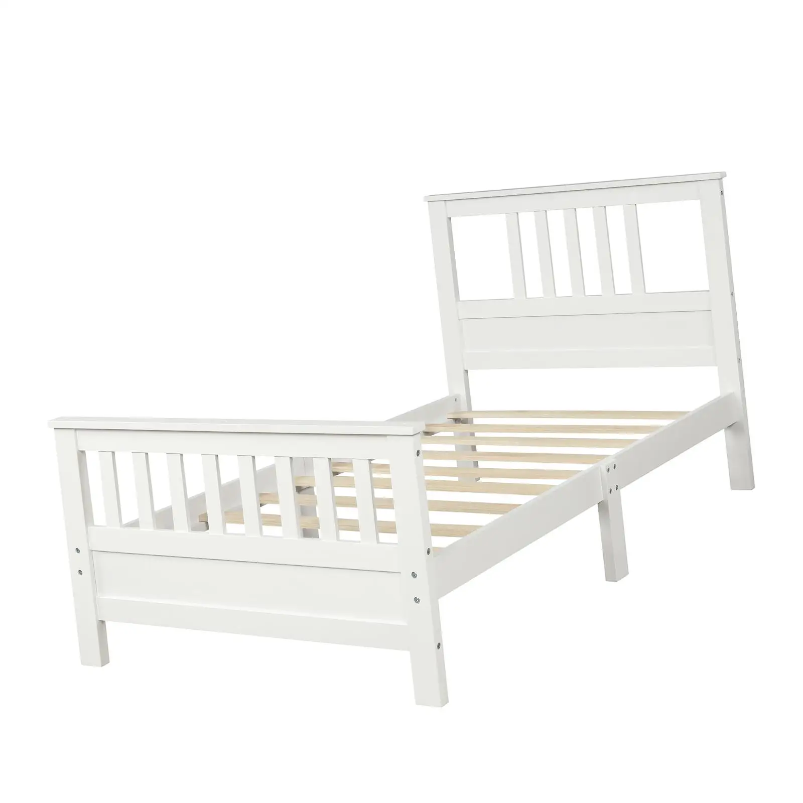 White Wood Twin Bed Frame with High Headboard & Footboard - Strong Slats, Easy