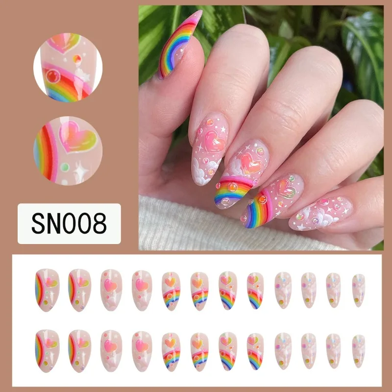 Rainbow Cloud Design Full Cover Nail Tips, unhas postiças de amêndoa longa, pressione as unhas, rosa, francês, verão, 24pcs set