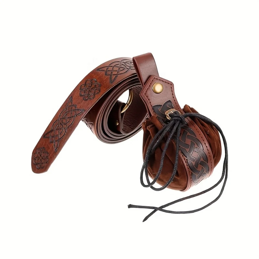 2 pcs medieval retro PU leather belt accessory set, Viking portable waist bag, Halloween party performance costume accessories