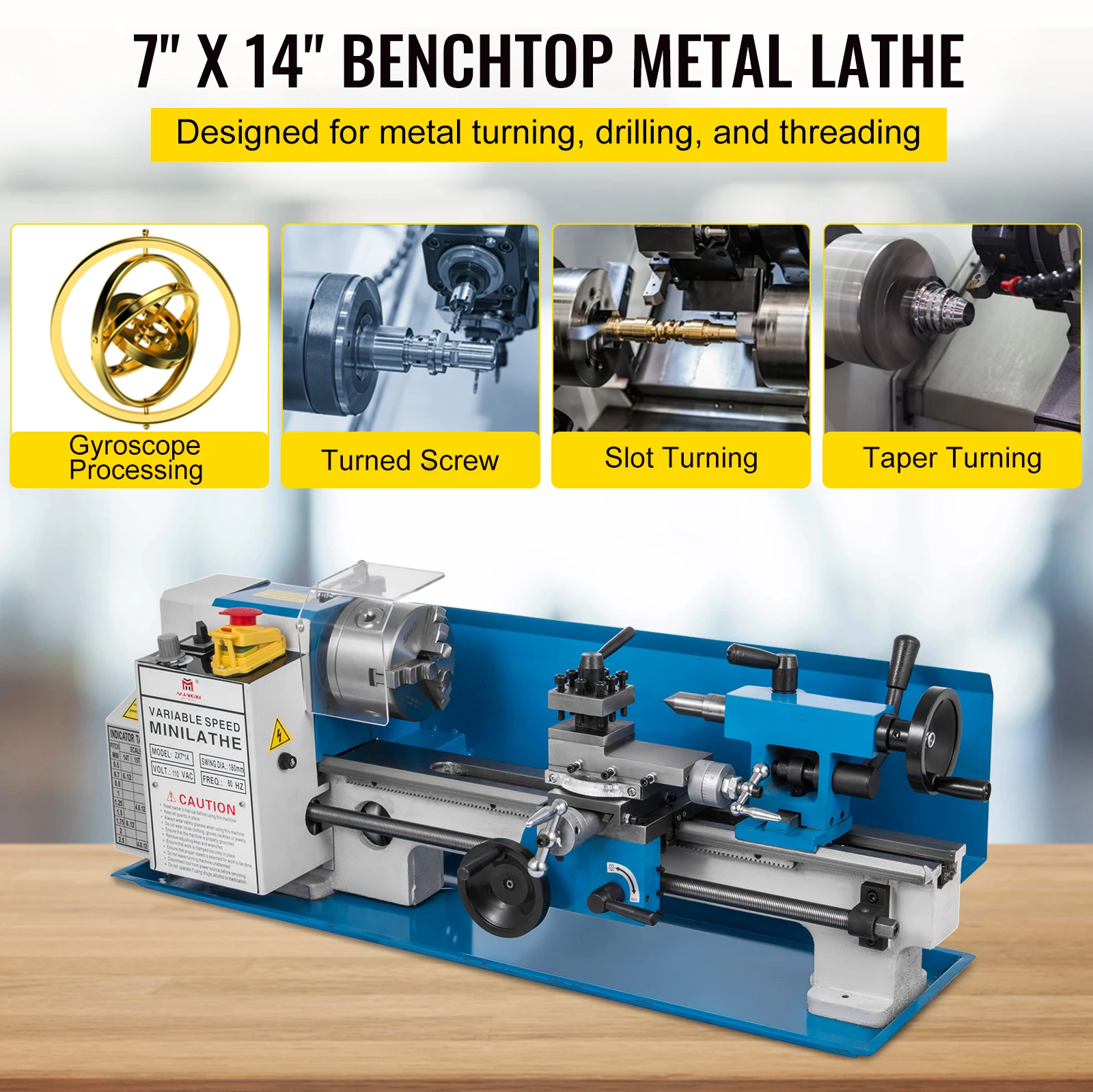 VEVOR Metal Lathe 7x14 / 7x12 inch Precision Bench Top 550W Variable Speed 50-2500 RPM Nylon Gear with A Movable Lamp