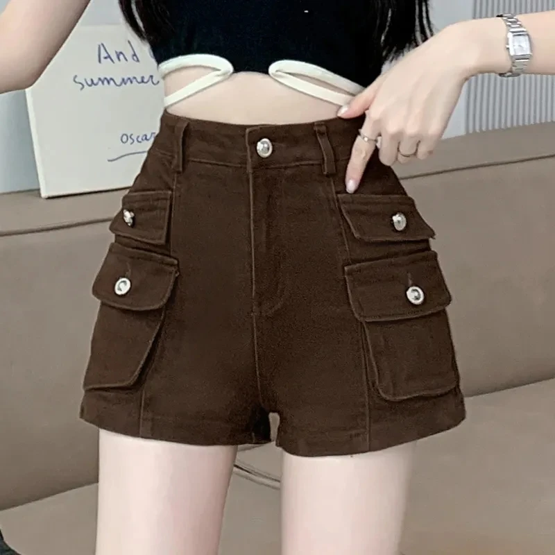 Spicy girl Coffee colored Elastic Cargo Pocket Denim Shorts 2026 Summer New Solid  High waist Slimming Wide Hot pants Women's