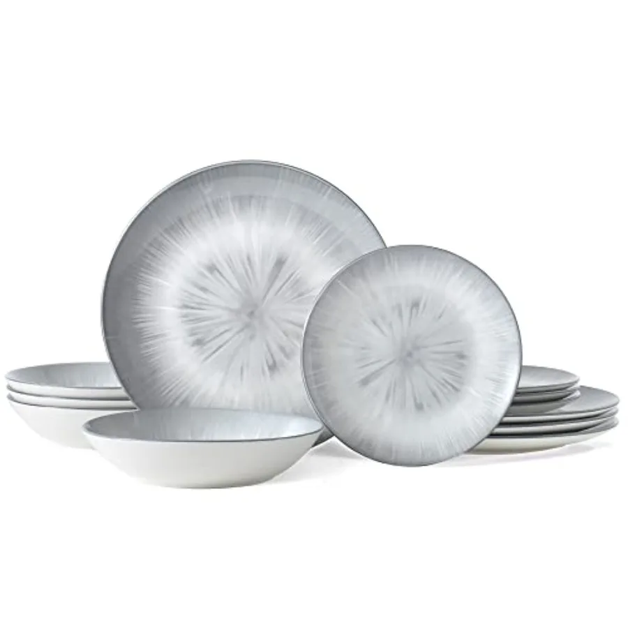 Porcelain Dinnerware Sets Service for 4, 12 pcs Hand drawn Plates and Bowls Sets, Handmade Ceramic Dish Set, Chip Resistant Mod