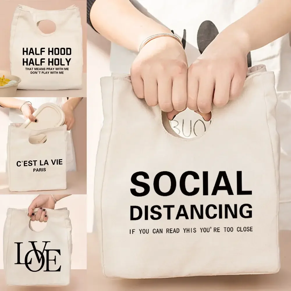 Child Thermal Lunch Box Tote Bags Text Print Office Packed Food Women Travel Picnic Portable Refrigerators Handbags Cooler Bag