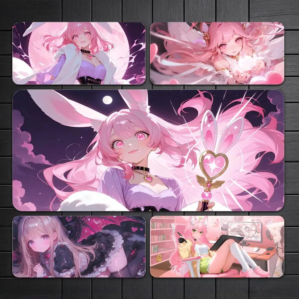 Sweet Character B-Bunny Girl Mouse Pad Gaming Desk Mat Large Mousepad Non Slip Base With Stitched Edge