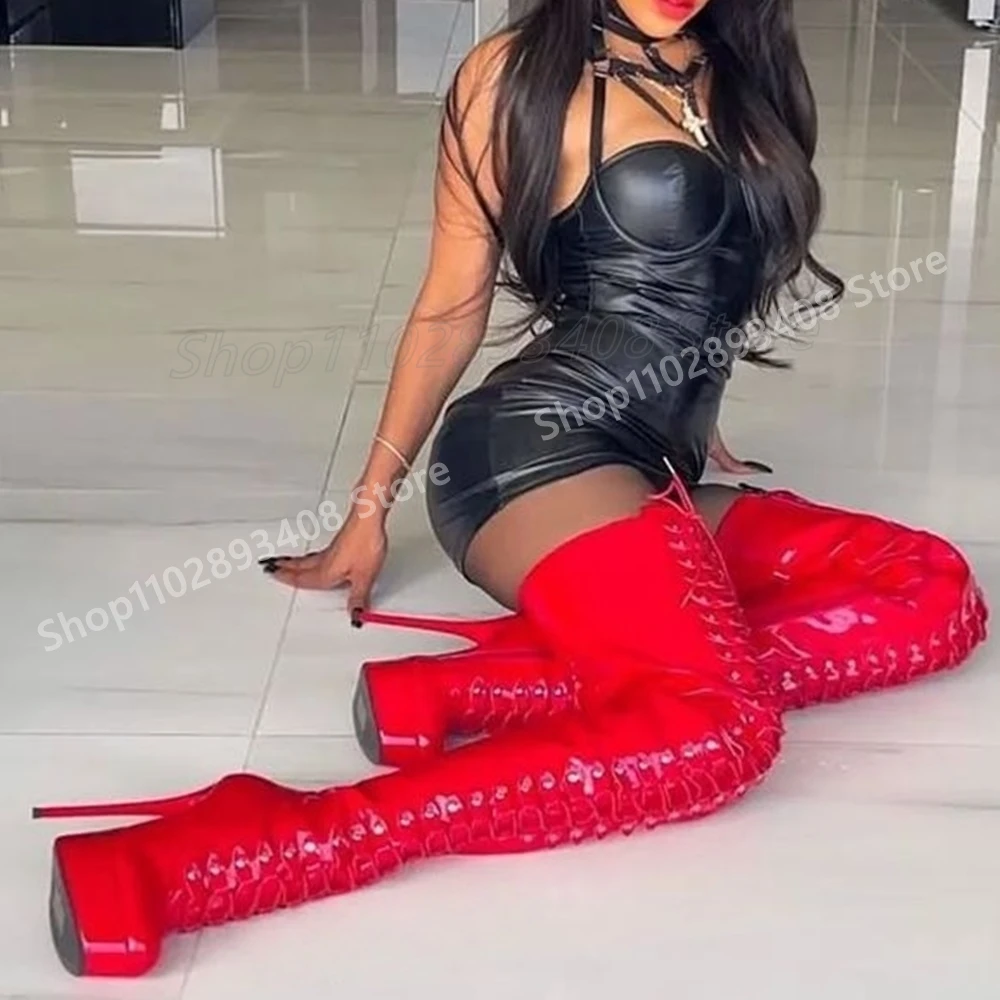 

Red Patent Leather Front Strappy Long Boots Platform Stiletto High Heel Hot Girls Fashion Women Shoes 2025 Zapatos Para Mujere
