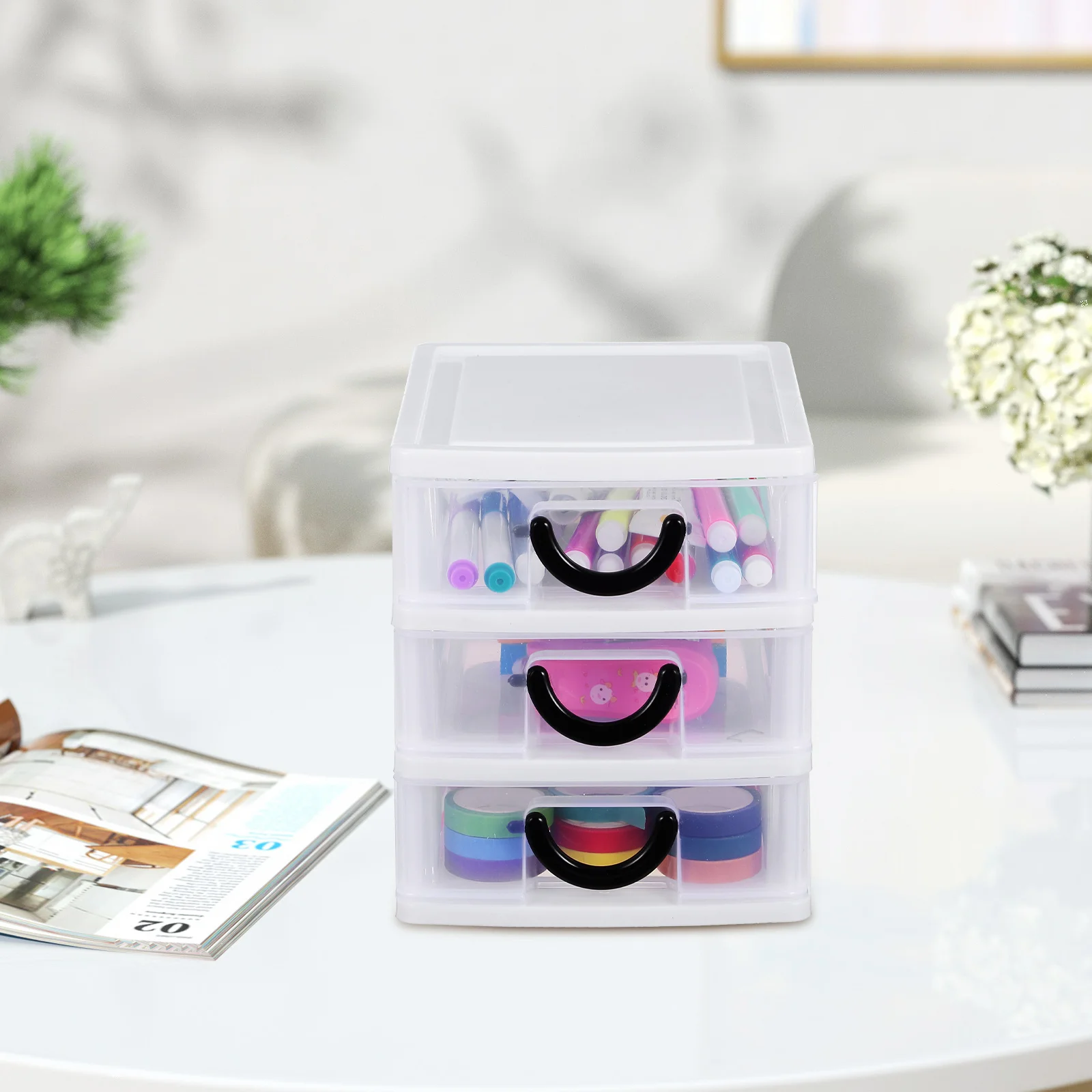 

Plastic Drawer Transparent Desktop Storage Box Makeup Holder Craft Organizer Ergonomic Handles Sturdy Space Saving Vanity