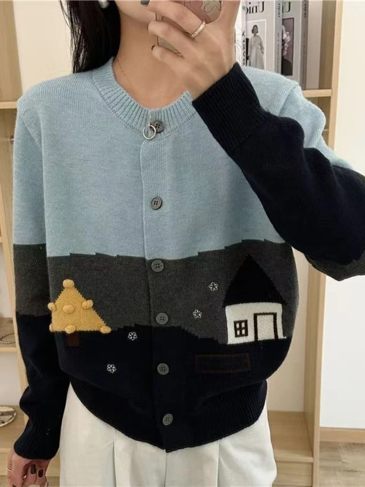 

Korobov Korean Ins Casual Loose Long Sleeve Single Breasted Contrast Color Cartoon Print Knitted Cardigan