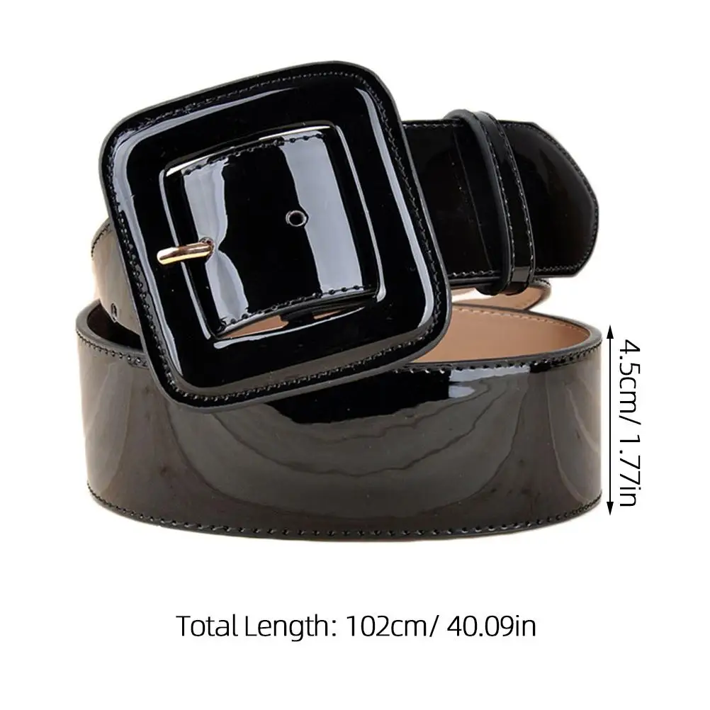 Ceinture à boucle épaisse en cuir verni, large ceinture réglable en métal pour dame