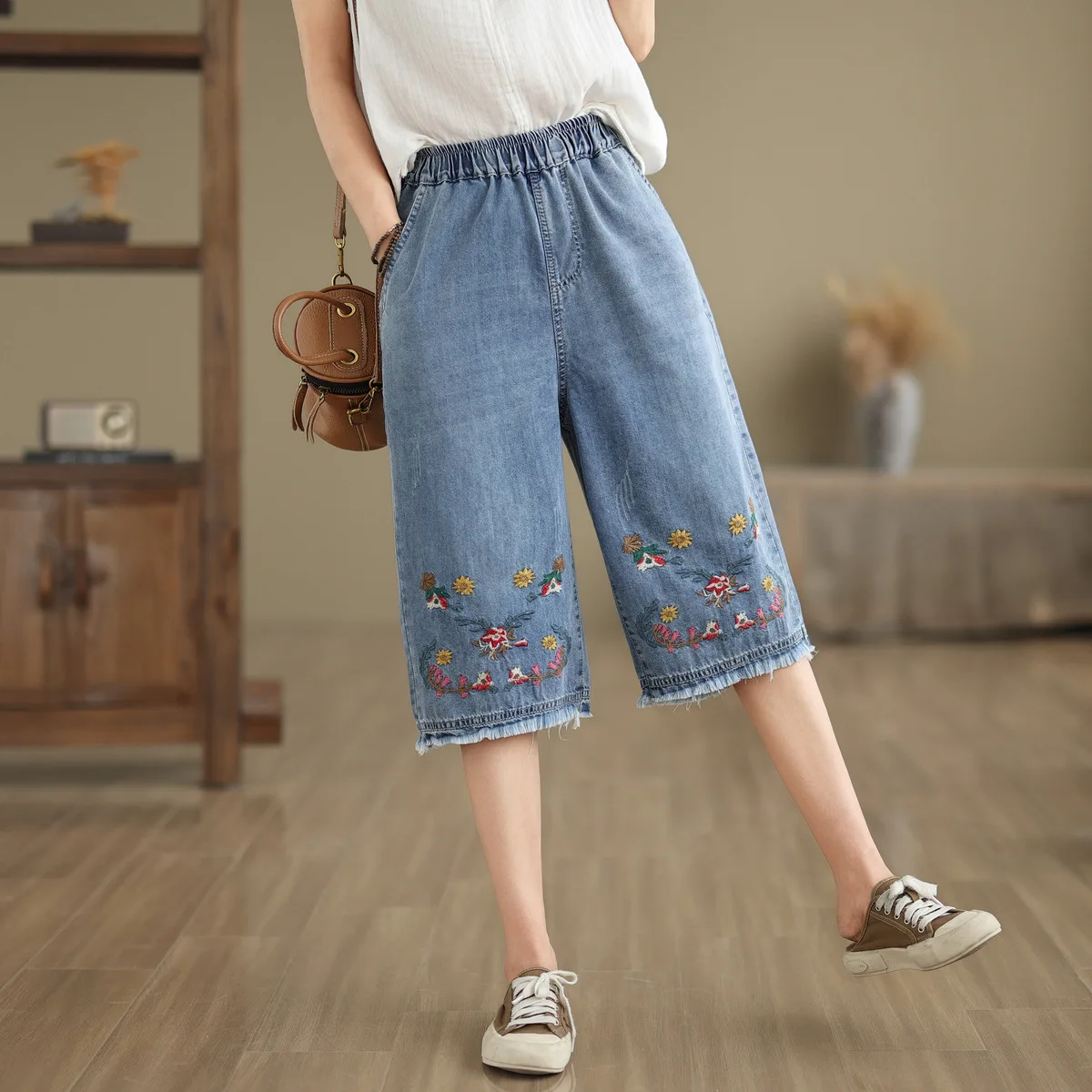 Aricaca Wide Leg Pants for Women Fashion High Waist Knee Length Jeans Shorts Women Oversize Denim Pants