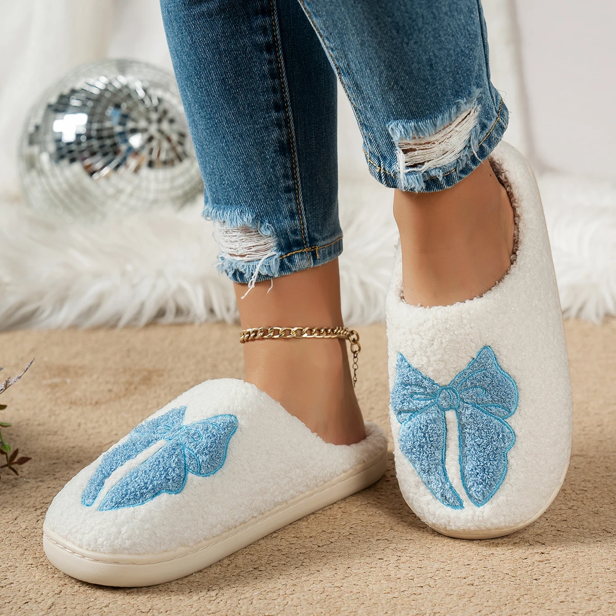 الشتاء أفخم الفتاة شباشب غرفة النوم لطيف القوس المرأة هدية دافئة مريح لينة وحيد داخلي موضة الترفيه بسيط غامض أحذية المنزل