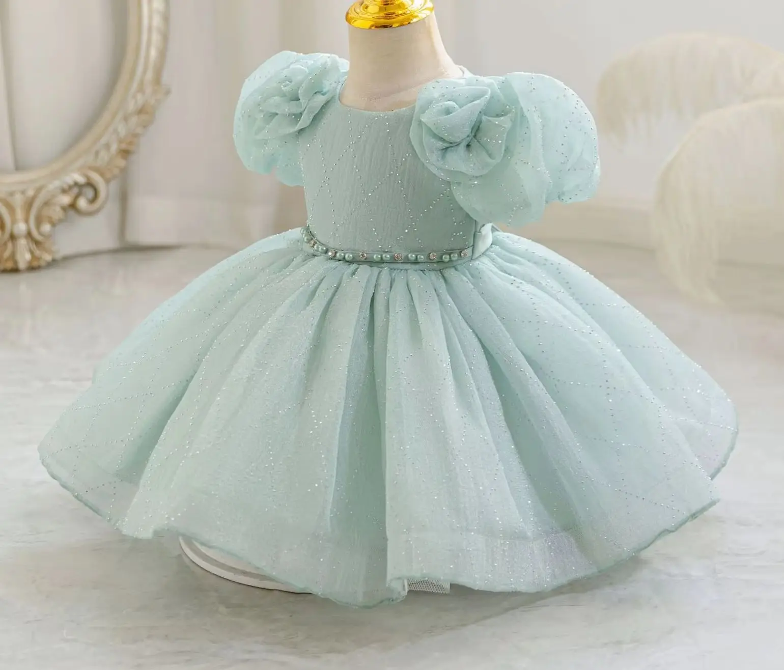 Baby Princess Dress for Girls Puffy Shiny Girl Party Dresses Beading White Clothes 6M-4Years
