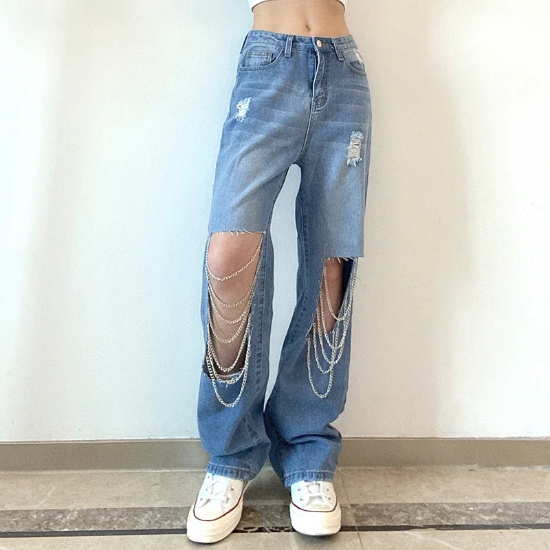 Cyber Y2k Vintage Hollow Hole Chain Straight Jeans Women High Waist Loose Denim Long Pants Summer Casual Streetwear 90s Trousers