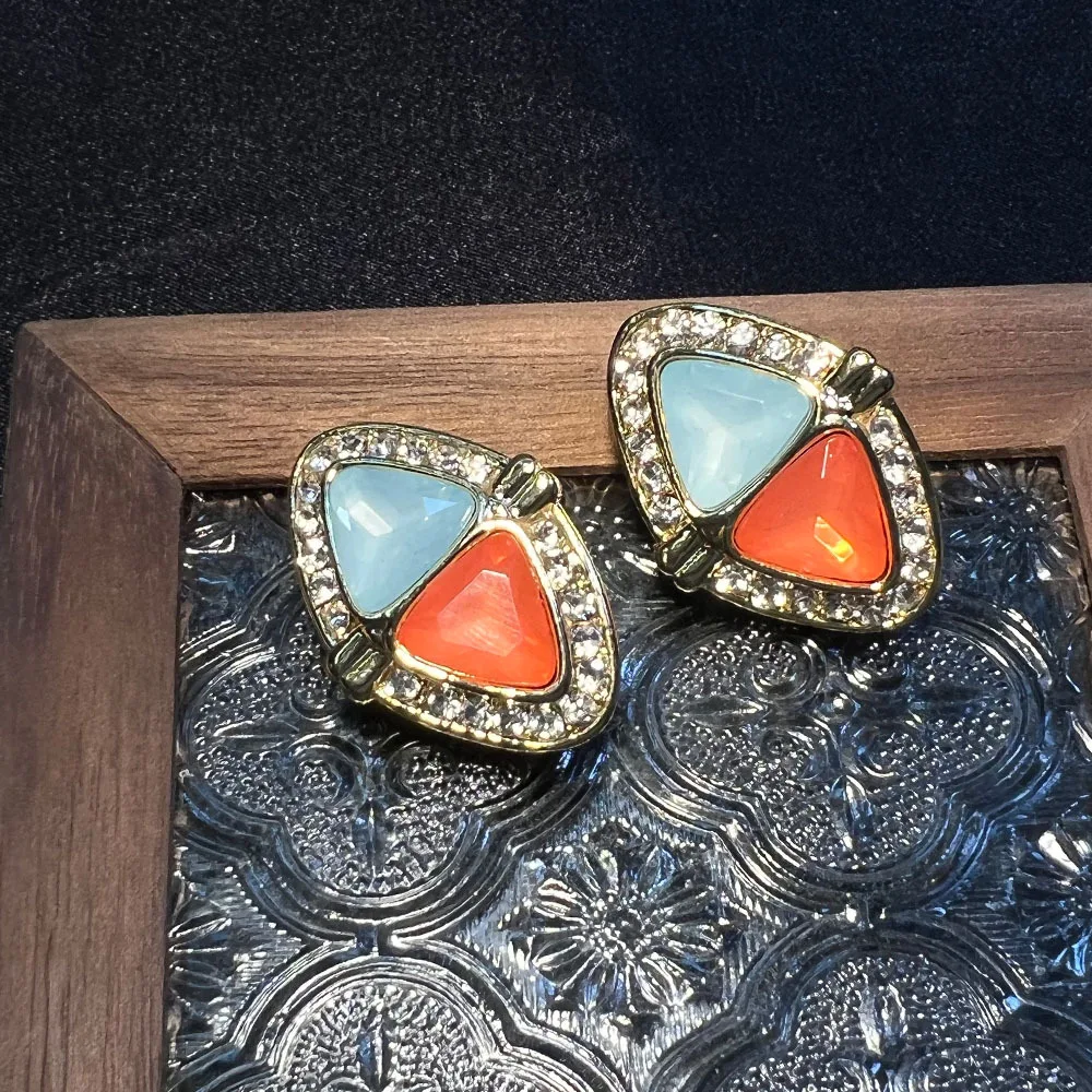 DIY accessories No pierced ear clips vintage haute couture earrings plated real gold zircon light luxury glazed marked medieval