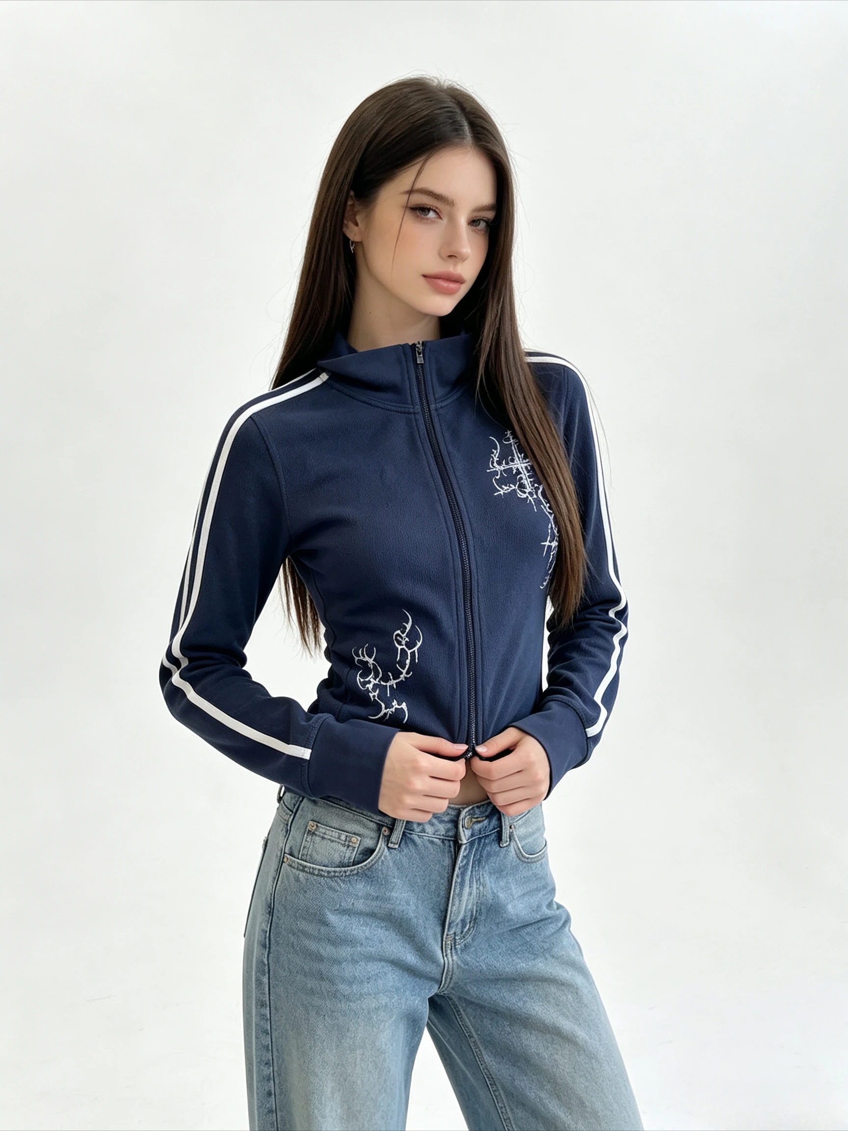 Women Slim Fit Stand Collar Zip Up Jacket Navy Blue Side White Stripe Cross Vine Embroidery Long Sleeve Casual Outerwear
