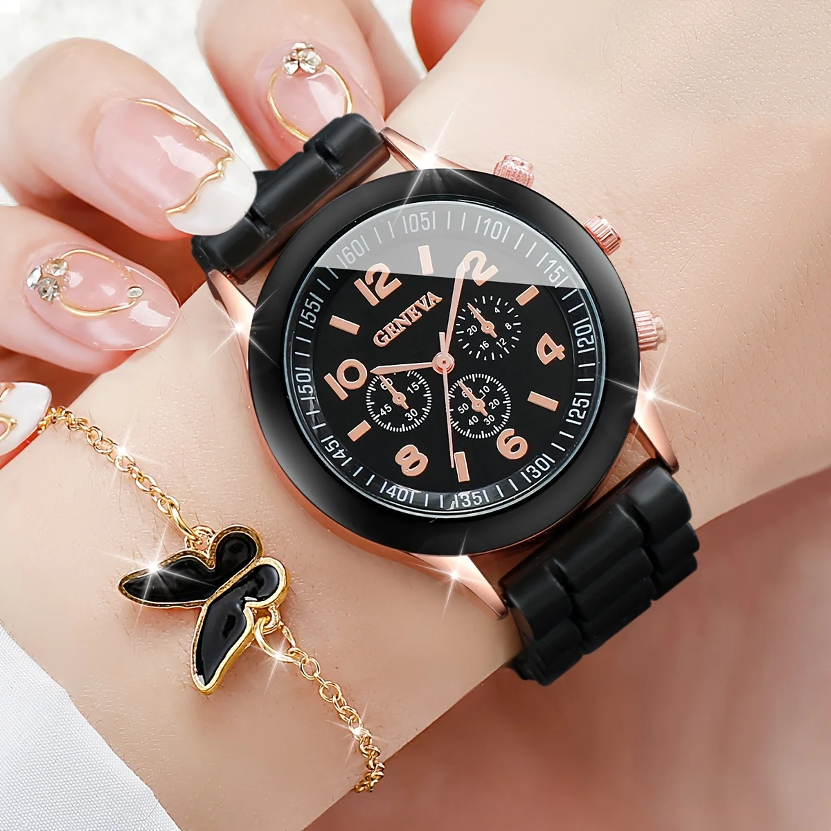 6PCS/Set Women\'s Watch Casual Silicone Band Quartz Watches Butterfly Jewelry Set(Without Box)