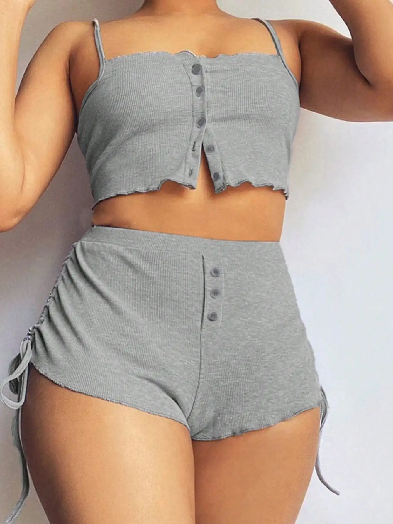 Grey Ribbed Knit Pajama Set - Spaghetti Strap Crop Top & Side Drawstring Shorts, Comfy Loungewear