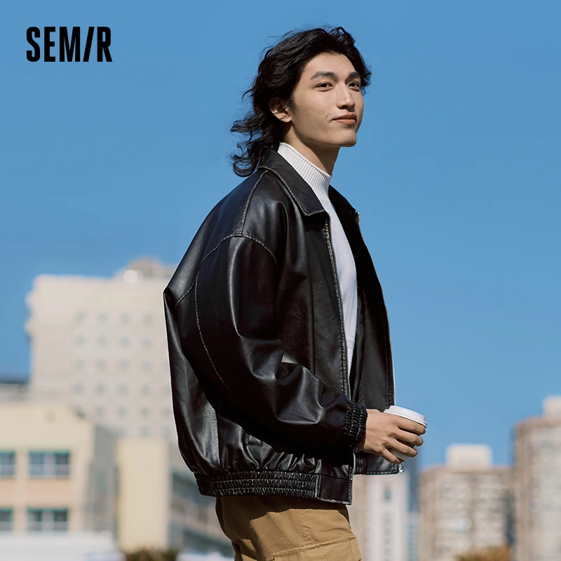 Semir Jacket Men 2024 Spring New Trendy Textured PU Leather Daily Simple Commuter College Retro Style Jacket