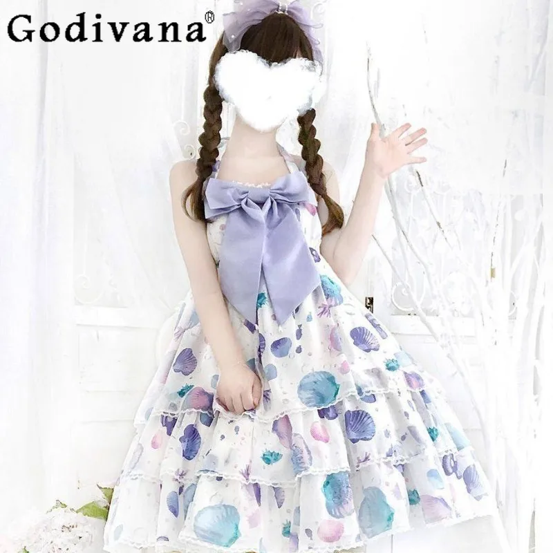 

Платье JSK в стиле Лолита с кружевным бантом, японское, с завышенной талией, на бретельках, для девочек и женщин, для дня рождения, с головным убором