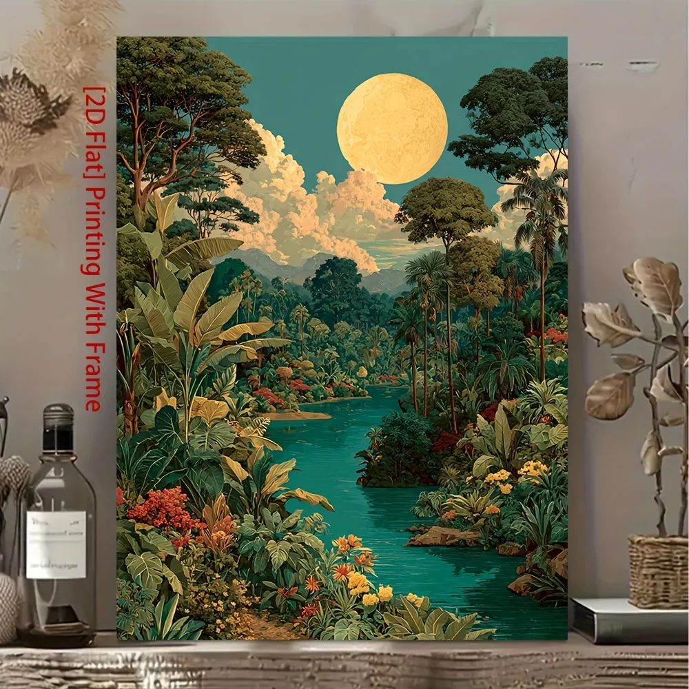 (No frame)1pc Henri Rousseau Style Moonlit Jungle Canvas Art - 12x16 Inch Framed Tropical Botanical Garden Poster, Wood Frame