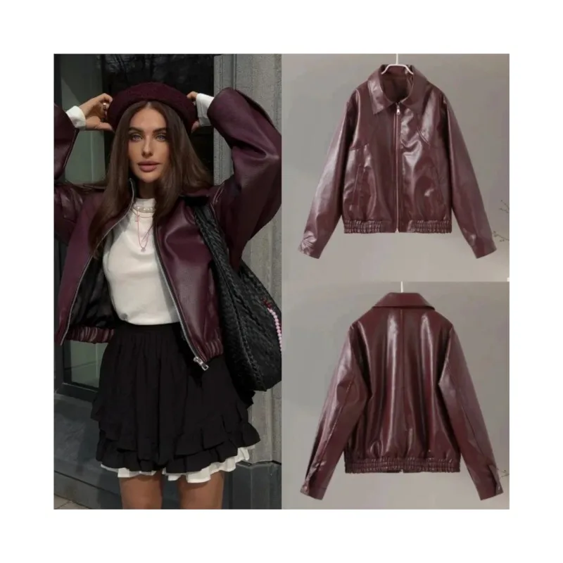 

NERHEFZ Women Leather Jacket with Zipper Autumn Fashion European style Long Sleeve Lapel Collar Women's Coats Female Chic Tops