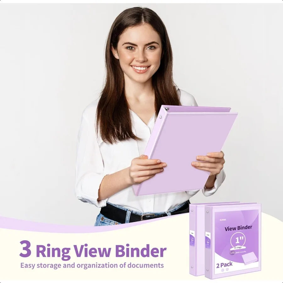 3링 바인더 1인치 2팩 클리어 뷰 바인더 세 개의 링 PVC프리 학교 또는 사무실용 8.5x11인치 퍼플
