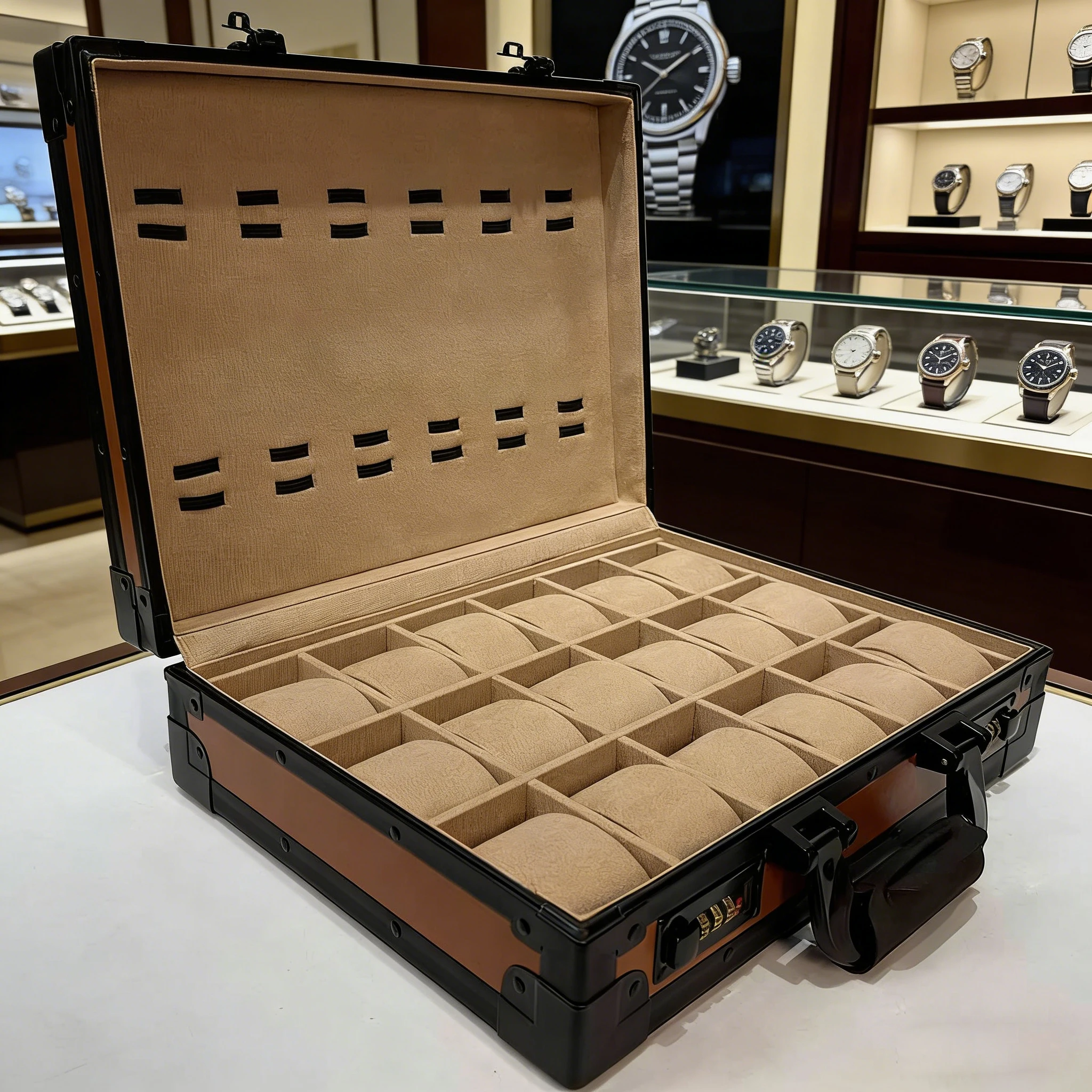 New 24-Slot Rectangle Metal Handle Multifunction Watch Collectors Display Case Faux Suede Lining Shock Water Resistant Box