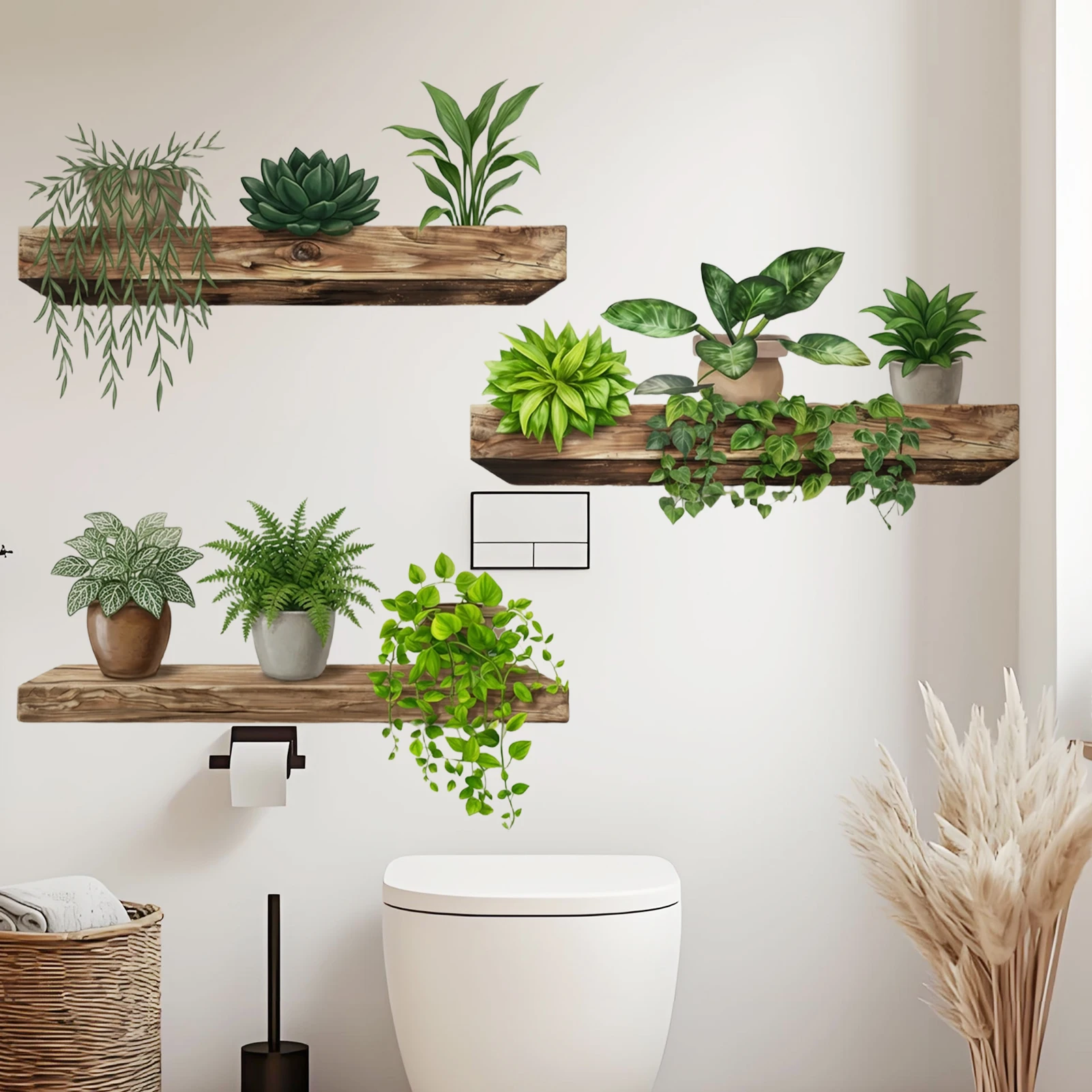 Green Plant Wall Sticker Waterproof Vinyl Wall Decal with Potted Plants for Bedroom, Living Room, Kitchen, Entryway Home Decor