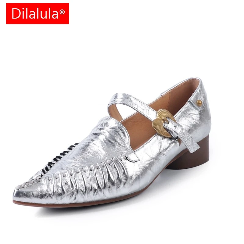 

Dilalula 2025 Genuine Leather Pleated Mary Janes Shoes Med Thick Heels Buckle Strap Office Ladies Dress Shoes Female Daily Pumps