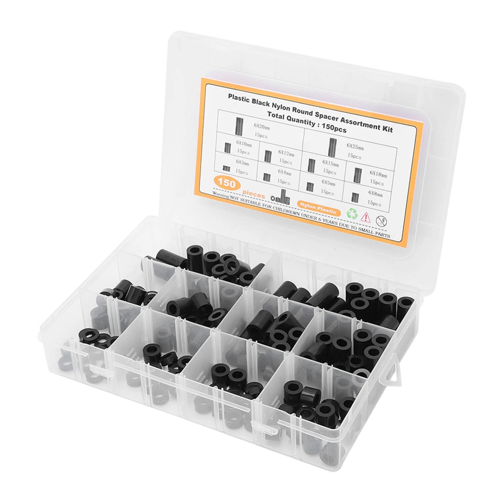 150Pcs Nylon Spacers Assortment Round Plastic for Screws Hardware Standoff Kit Black