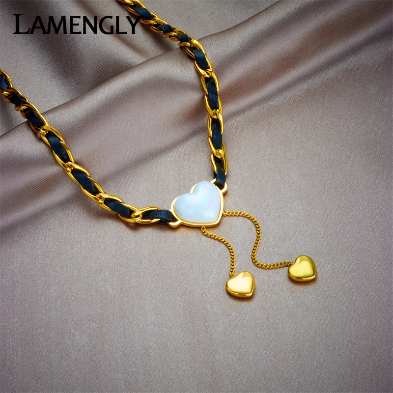 LAMENGLY 316L Stainless Steel Heart Pearl Tassel Pendant Necklace For Women Girl New Retro Leather Chain Non-fading Jewelry Gift