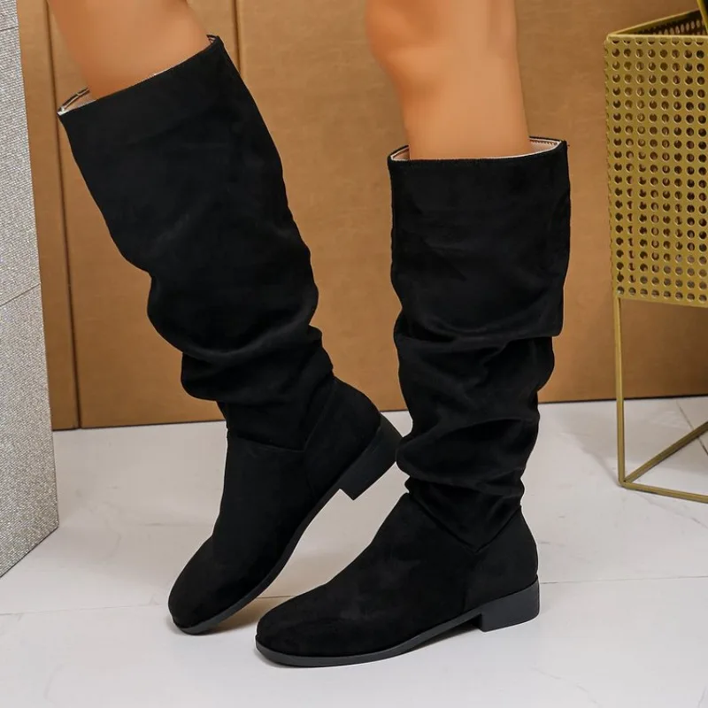

Women's Mid-heel Single Boots Spring New Round Head Suede Sleeve Fold Soft Sole Non-slip High Boots