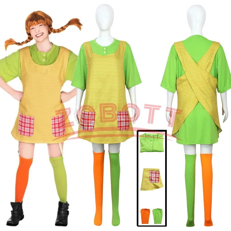 Sky02 Longstocking Pippi تأثيري حلي لصبي فتاة الكبار فستان أخضر مع المئزر الجوارب مجموعة الأطفال كتاب أسبوع هالوين P88Ji