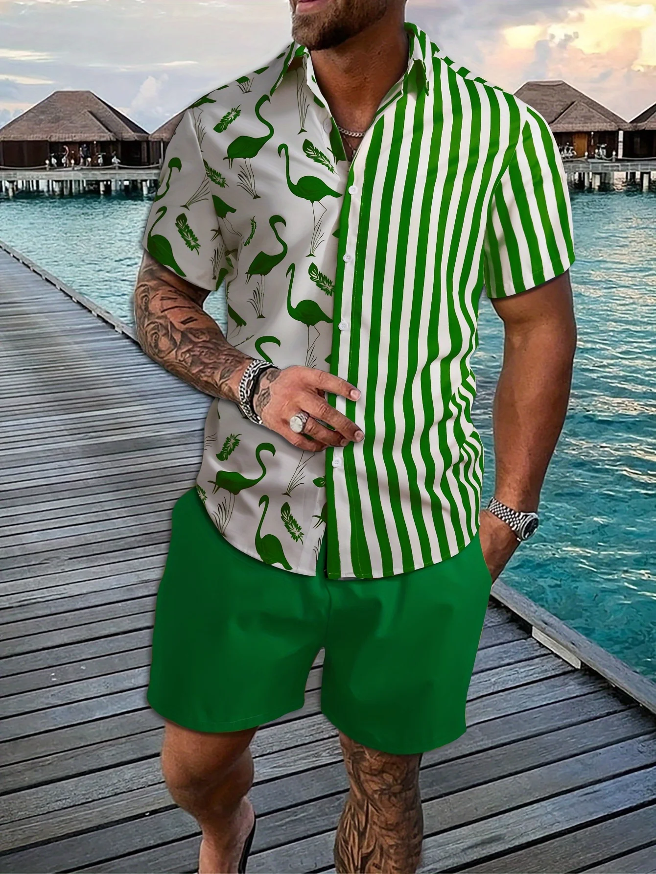 2025 Hawaiian-Style Men's Beach Shorts Casual Summer Shirt Set Everyday Fashion Striped Print Short-Sleeve Shirt Shorts Set