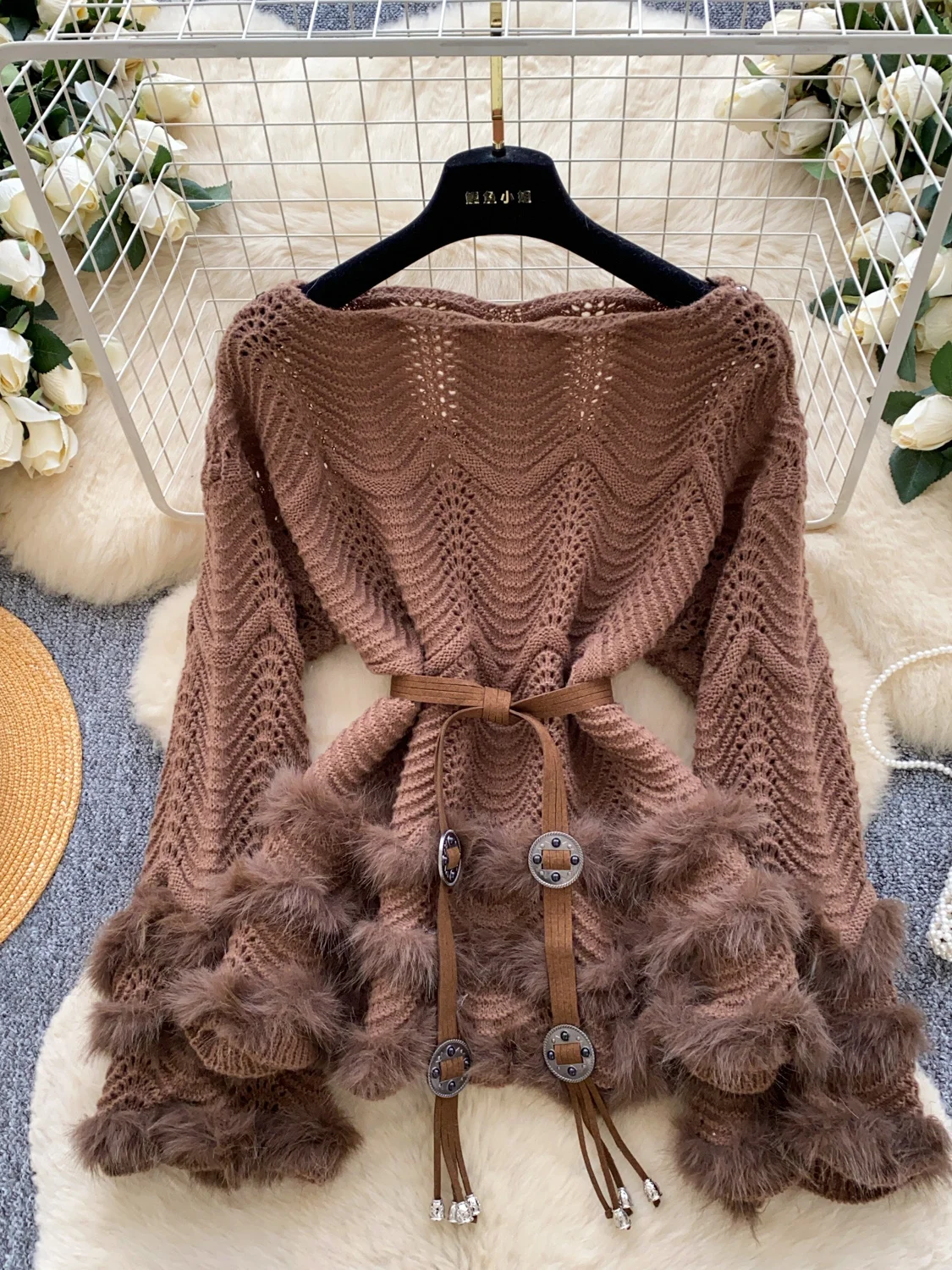 المرأة متماسكة سترة طويلة الأكمام الجوف خارج مربوط الخصر فروي تقليم بلوزة فضفاضة #5