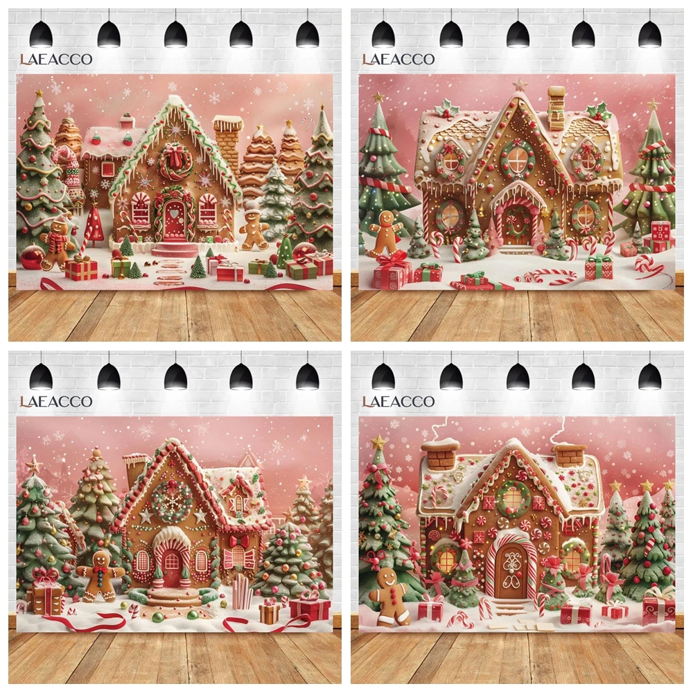 Merry Christmas Gingerbread House Photography Background Winter Snow Candy House Xmas Tree Gift Baby Portrait Photo Backdrop