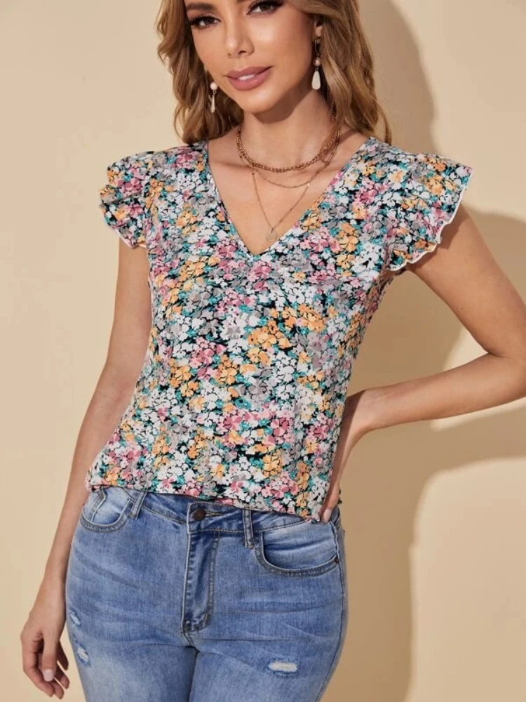 2024 Summer Fashion Printed Women\'s T-shirt Sleeveless V-neck Sexy Casual Home Small Fragmented Flower Basic Shirt Top