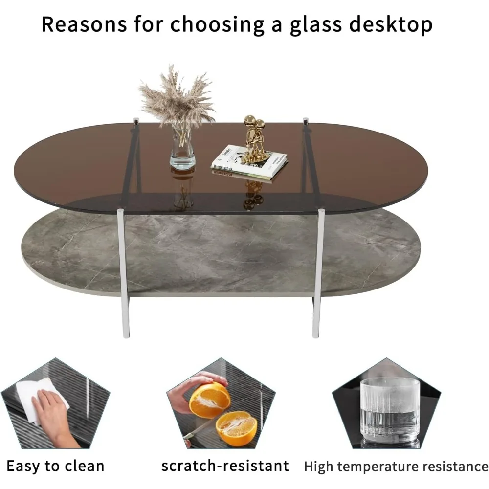 Tempered Glass and MDF Wooden Coffee Table, 2-story Modern Side Table with Storage Space