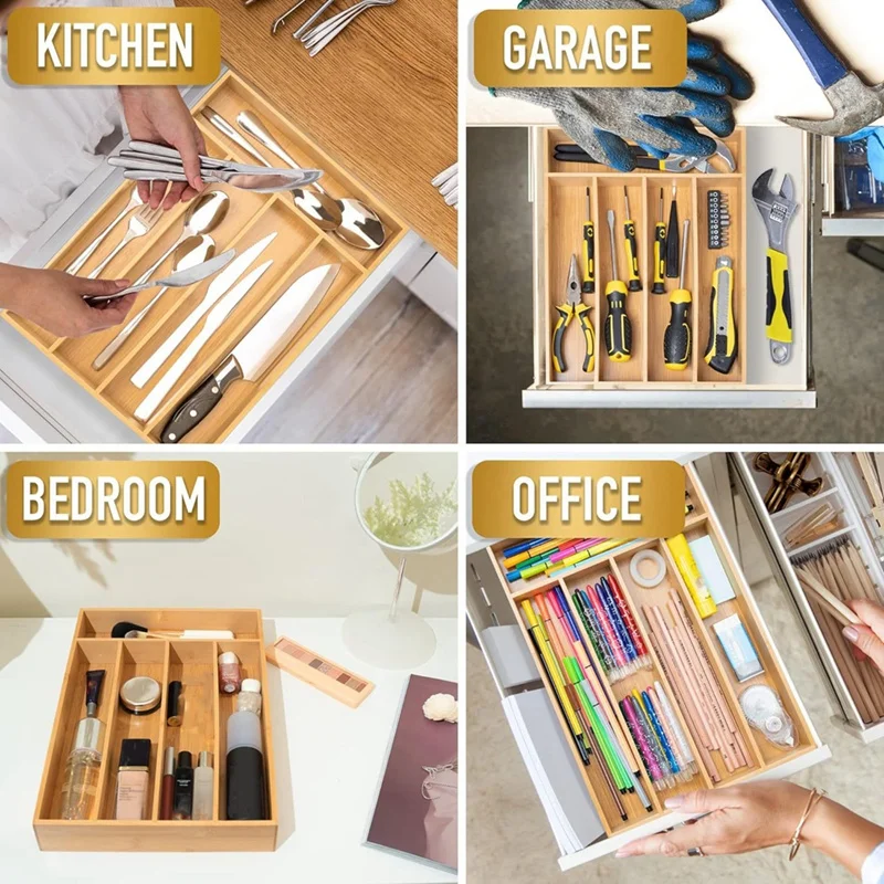 

Best Of 2025-Bamboo Cutlery Silverware Tray Divider Storage Tray Rack Storage Box 5 Compartment Tray Kitchen Drawer Storage Rack