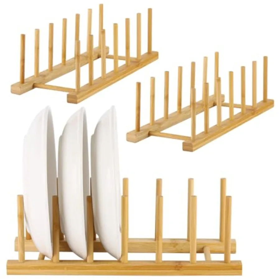 

3 Pack Bamboo Wooden Dish Racks Plate Stand Holder Vertical Drainer Kitchen Cabinet Organizer for Dish, Pots, Lids, Bowls, Cups