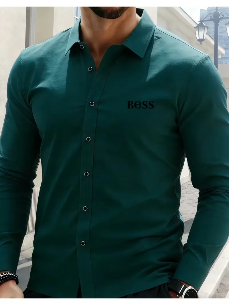 Men's Premium Business Casual Shirt Word Logo Print Slim Fit Long Sleeve Wrinkle Resistant Dress Shirt Multi Styles Available