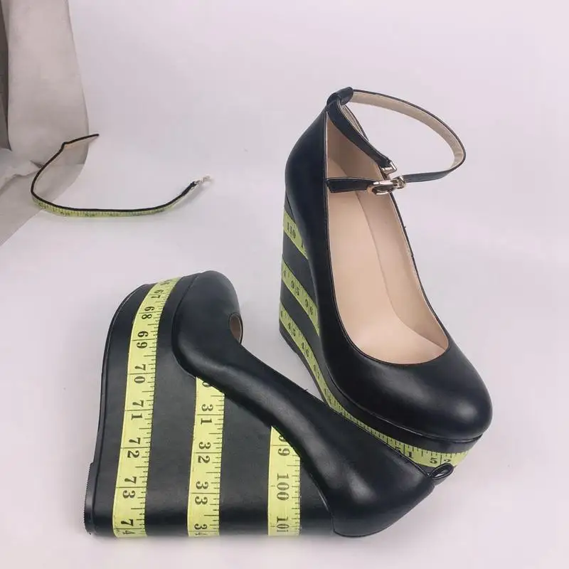 

Color Block Wedge Runway Pumps Platform Buckle Plus Size Women Shoes Personalized Ruler Round Toe High Heels Zapato de Tacón