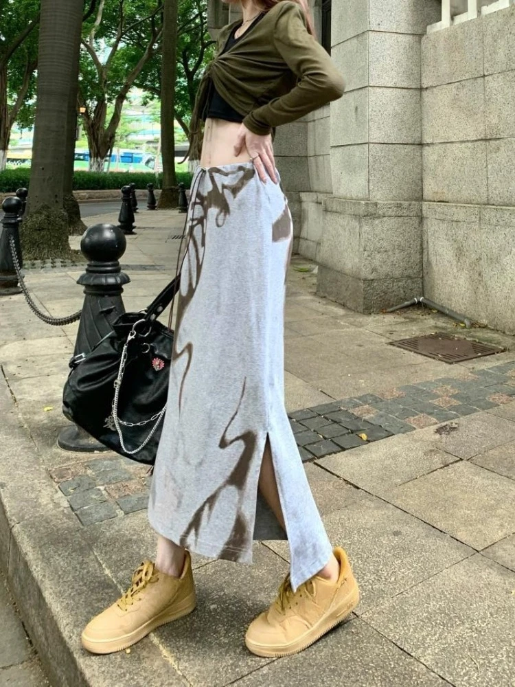 

Harajuku Printing Casual Skirts Women Y2K Aesthetic High Waist Drawstring Grunge Skirt Summer Vintage Split Streetwear Falda