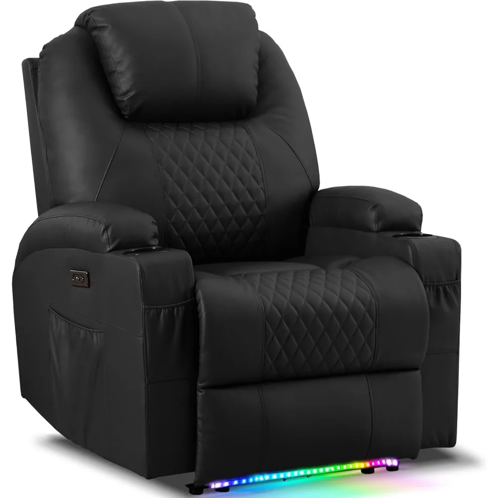 كرسي كرسي كهربائي مع تدليك اهتزاز وحرارة للبالغين، جلوس مسرح منزلي من الجلد الصناعي مع حاملات أكواب/أضواء LED #1